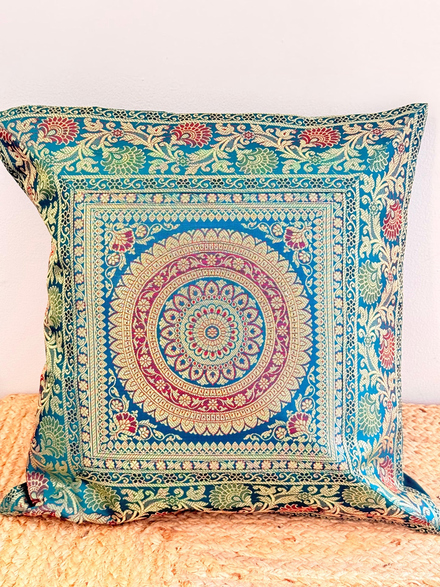 Green Banarasi Silk Festive Cushion Cover – Luxurious Decorative Pillow for Special Occasions