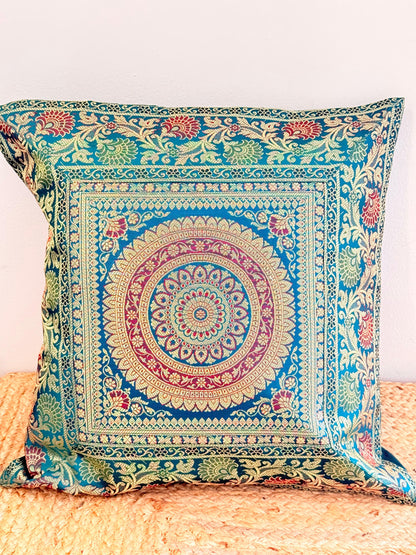 Green Banarasi Silk Festive Cushion Cover – Luxurious Decorative Pillow for Special Occasions