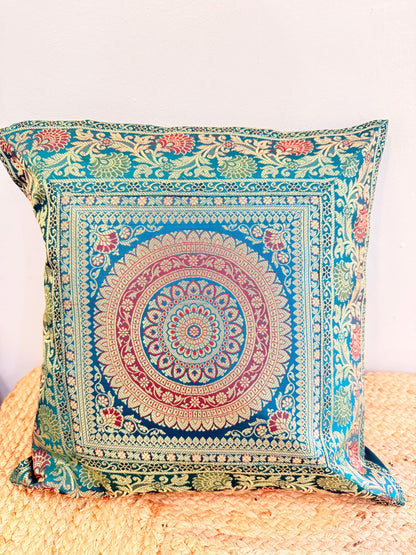 Green Banarasi Silk Festive Cushion Cover – Luxurious Decorative Pillow for Special Occasions