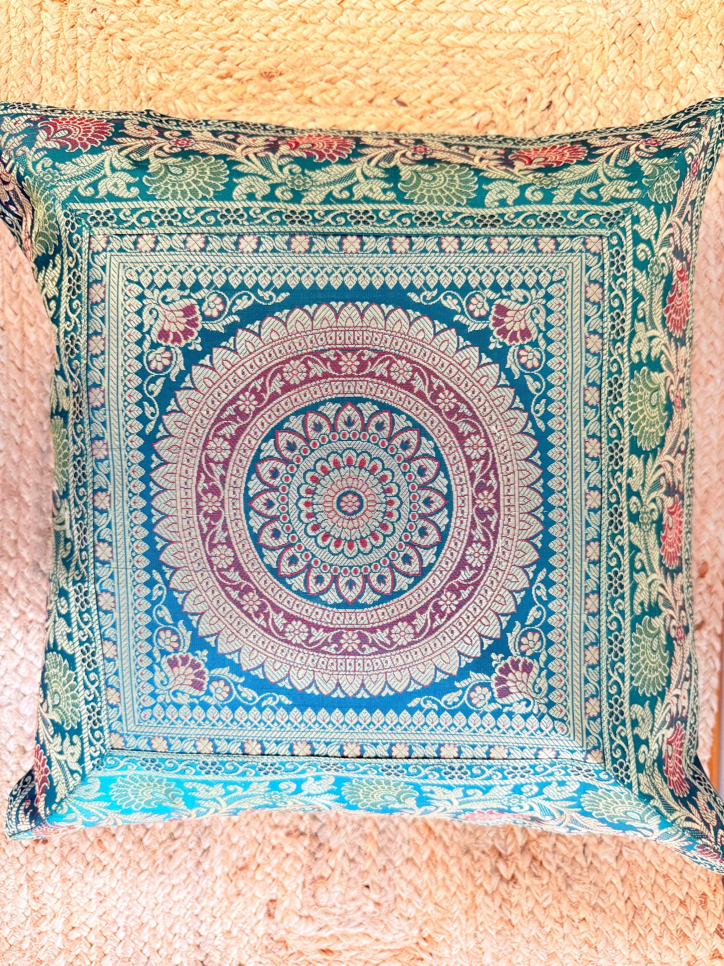 Green Banarasi Silk Festive Cushion Cover – Luxurious Decorative Pillow for Special Occasions