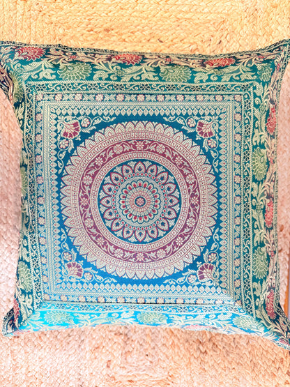 Green Banarasi Silk Festive Cushion Cover – Luxurious Decorative Pillow for Special Occasions