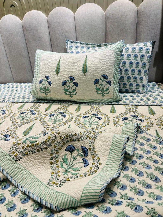 Green Garden Handblock Quilted Reversible Bedcover with 2 Pillow Covers – Fresh and Eco-Friendly Bedroom Décor