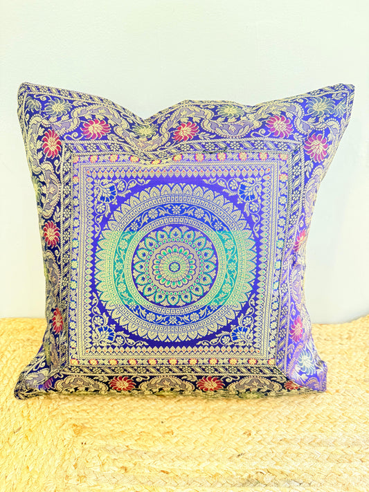 Indigo Blue Festive Banarasi Silk Cushion Cover – Luxurious Accent for Elegant Home Décor