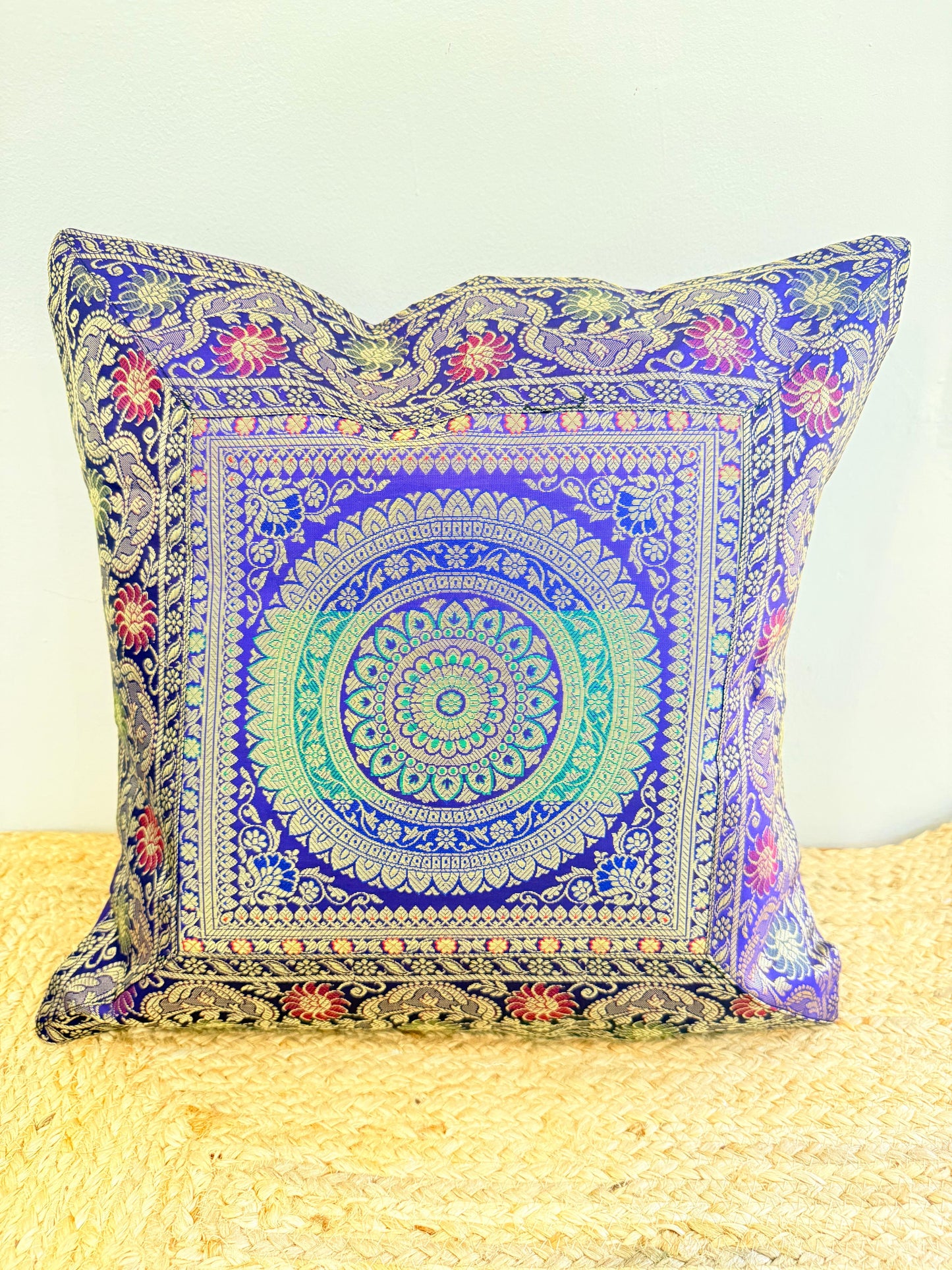 Indigo Blue Festive Banarasi Silk Cushion Cover – Luxurious Accent for Elegant Home Décor