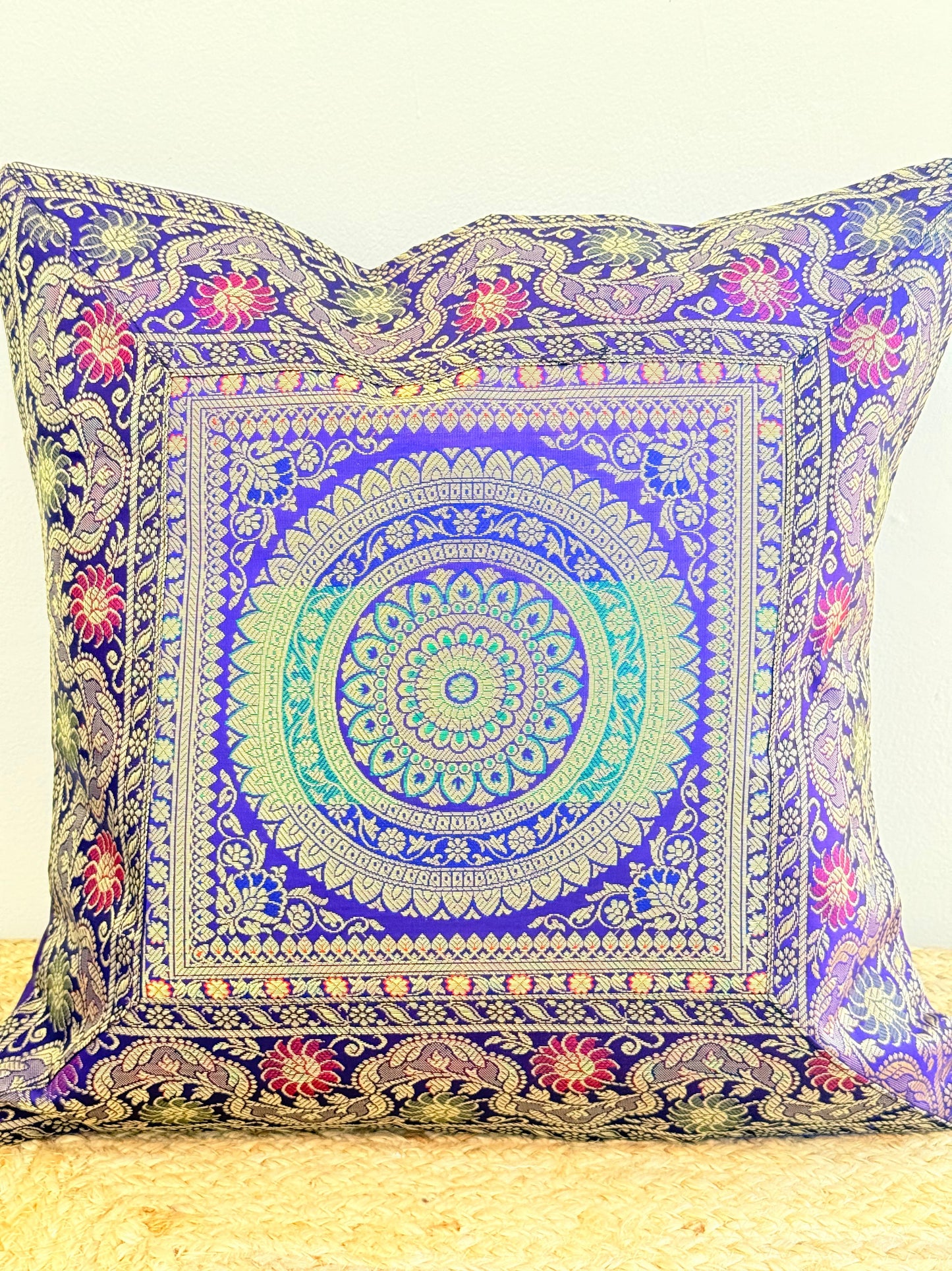 Indigo Blue Festive Banarasi Silk Cushion Cover – Luxurious Accent for Elegant Home Décor