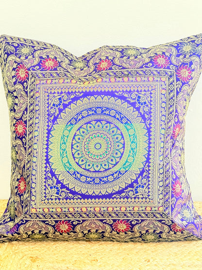 Indigo Blue Festive Banarasi Silk Cushion Cover – Luxurious Accent for Elegant Home Décor