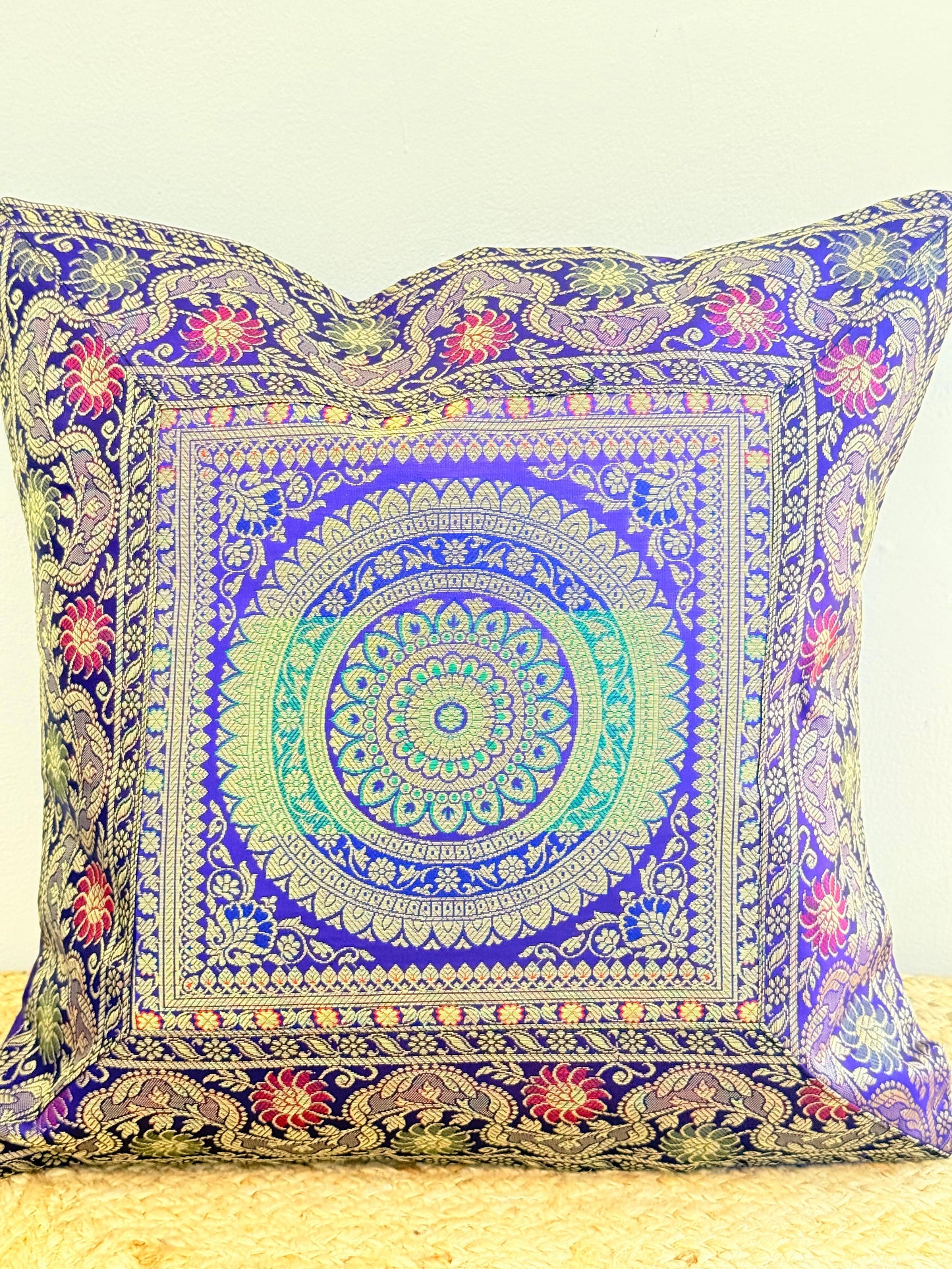 Indigo Blue Festive Banarasi Silk Cushion Cover – Luxurious Accent for Elegant Home Décor