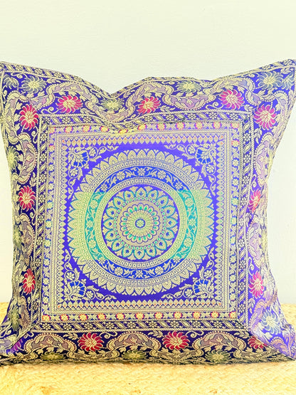 Indigo Blue Festive Banarasi Silk Cushion Cover – Luxurious Accent for Elegant Home Décor