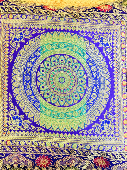 Indigo Blue Festive Banarasi Silk Cushion Cover – Luxurious Accent for Elegant Home Décor