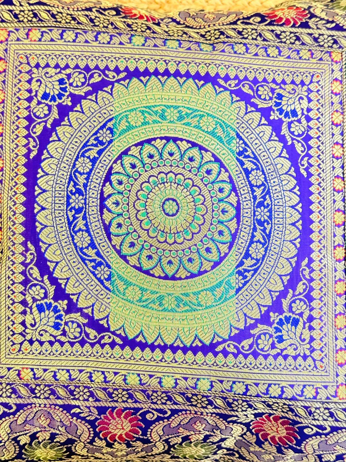 Indigo Blue Festive Banarasi Silk Cushion Cover – Luxurious Accent for Elegant Home Décor
