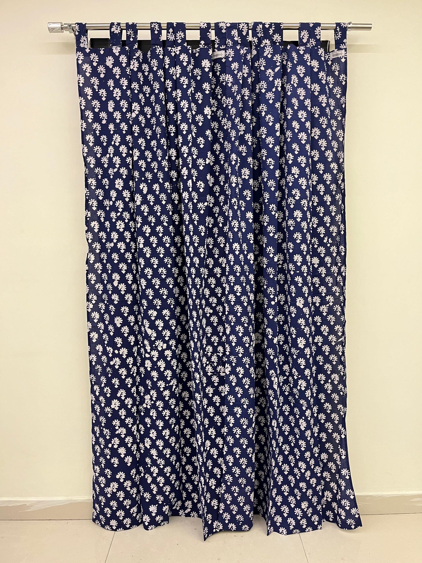 Dark Blue Floral Handblock Print Curtain