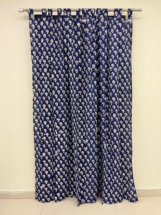 Dark Blue Floral Handblock Print Curtain