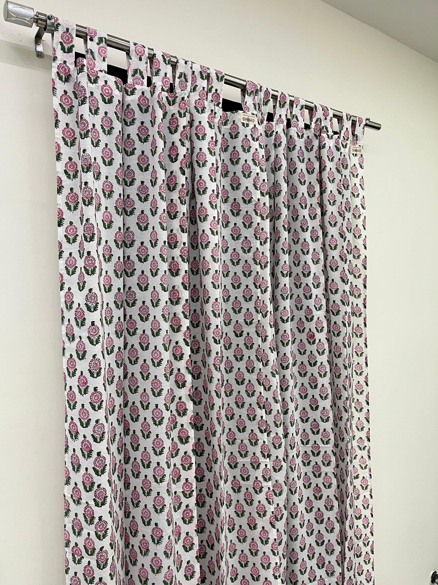 White Pink Floral Handblock Print Curtains