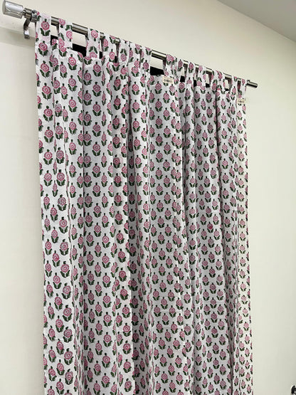 White Pink Floral Handblock Print Curtains