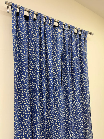 Blue and White Floral Handblock Print Cotton Curtains (7 Ft, Set of 2)