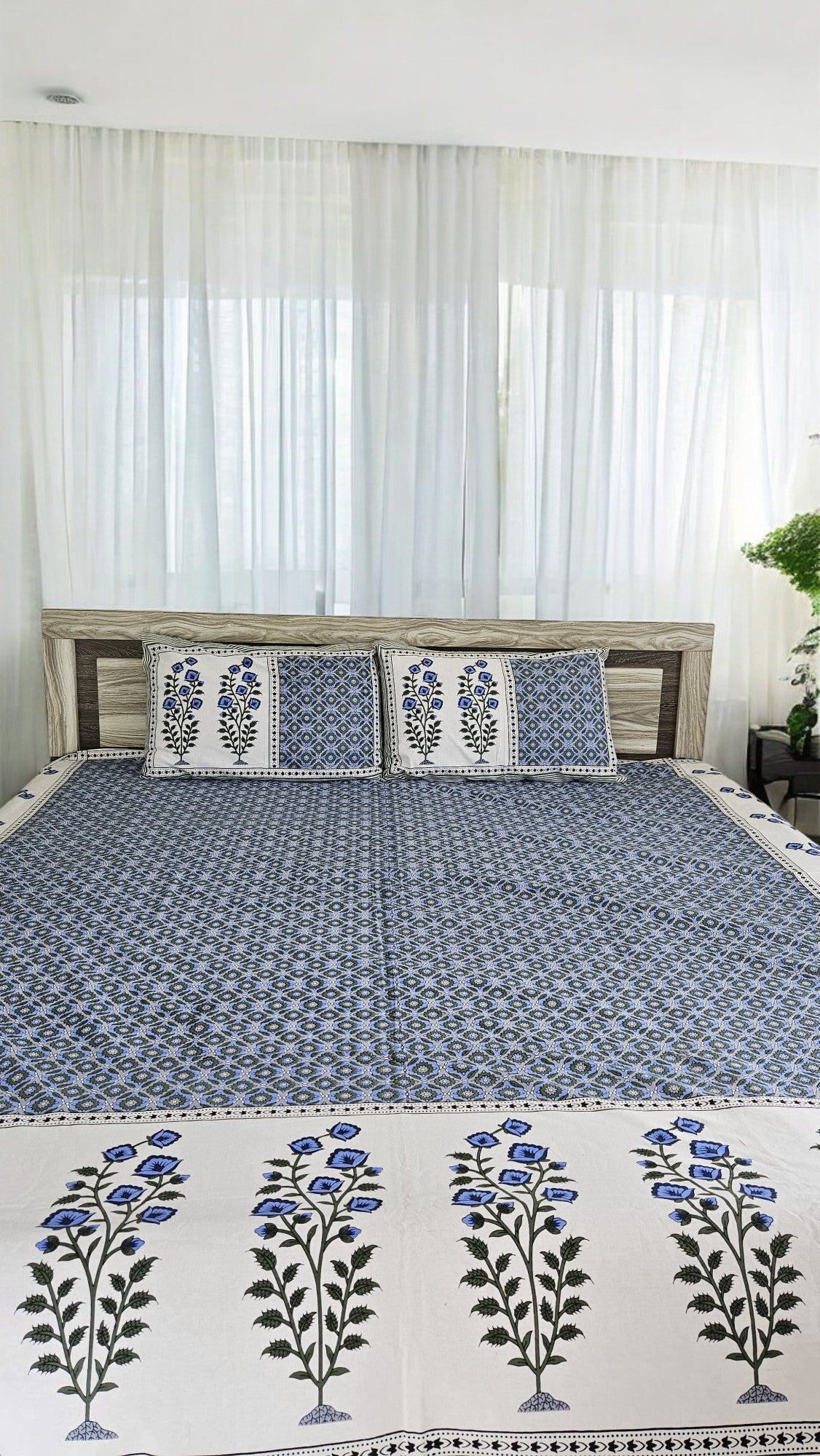 Blue Floral Double Bedsheet with 2 Pillow Cover