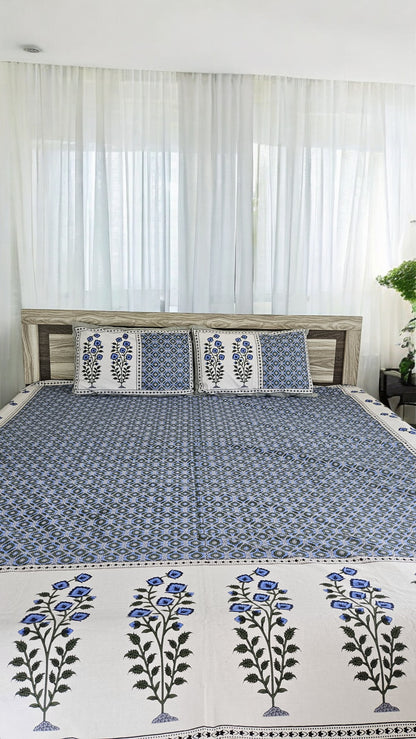 Blue Floral Double Bedsheet with 2 Pillow Cover