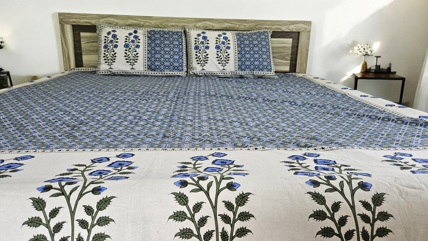 Blue Floral Double Bedsheet with 2 Pillow Cover