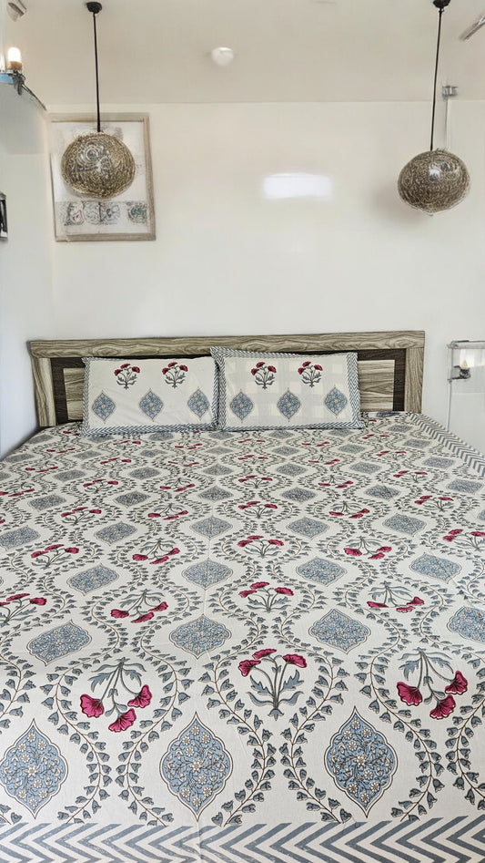 Handblock Red and Blue Floral Double Bedsheet
