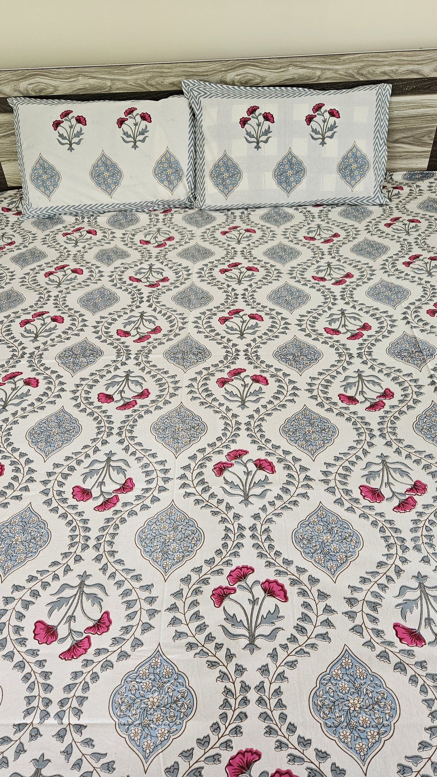 Handblock Red and Blue Floral Double Bedsheet