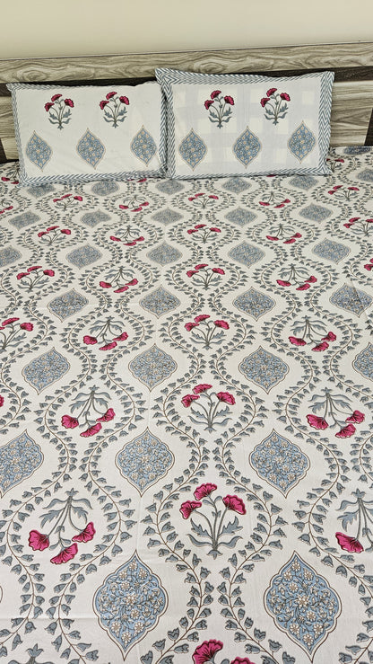 Handblock Red and Blue Floral Double Bedsheet