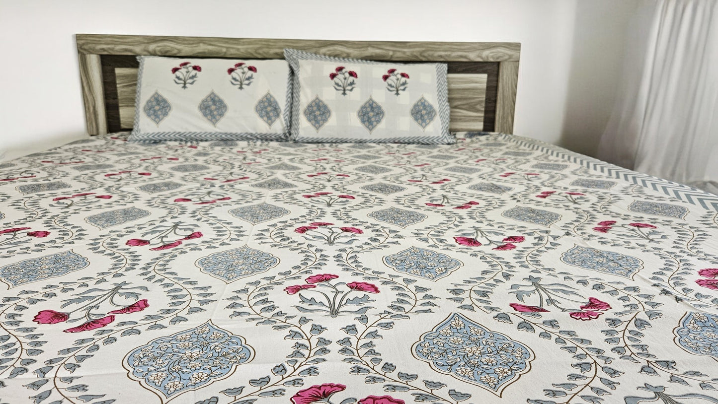Handblock Red and Blue Floral Double Bedsheet