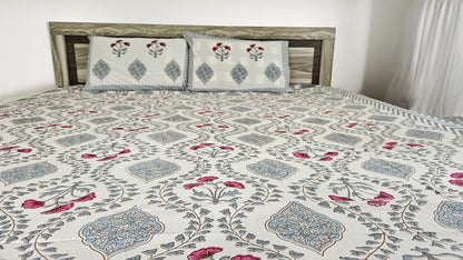 Handblock Red and Blue Floral Double Bedsheet
