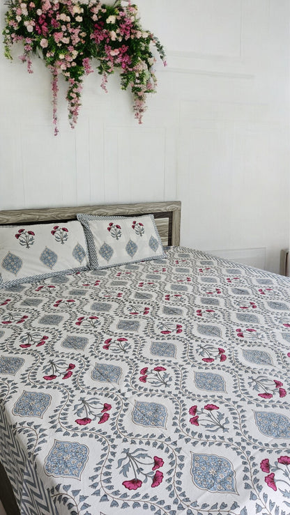 Handblock Red and Blue Floral Double Bedsheet