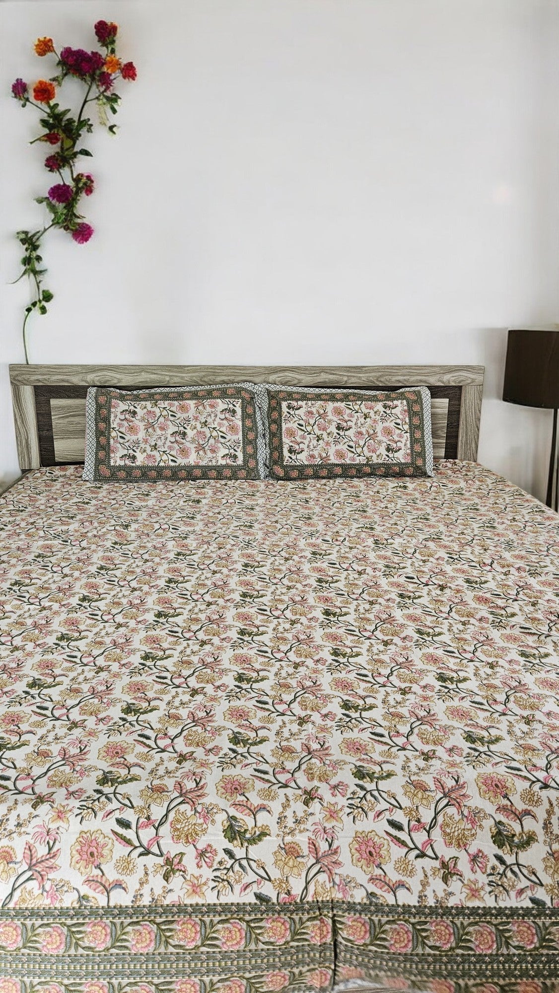 Handblock Floral Print Double Bedsheet (Yellow and Orange)