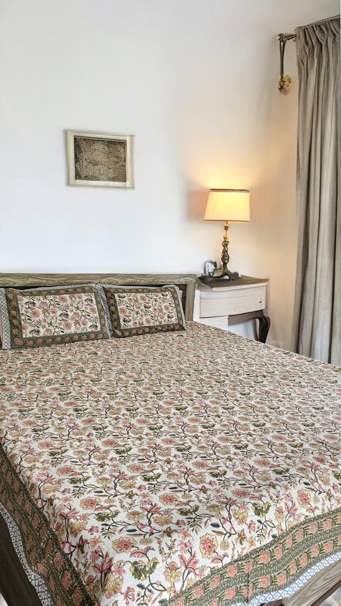Handblock Floral Print Double Bedsheet (Yellow and Orange)