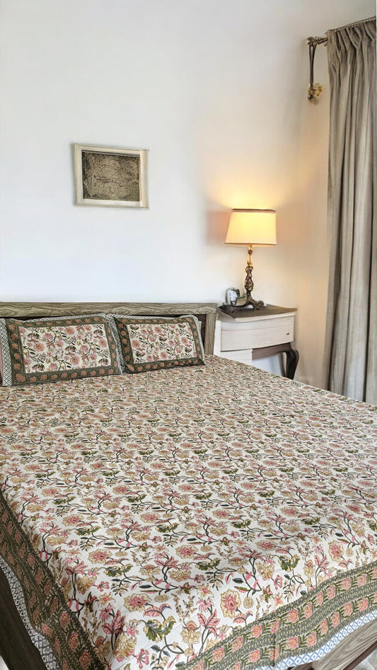 Handblock Floral Print Double Bedsheet (Yellow and Orange)