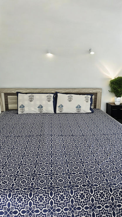 Handblock Blue Abstract Double Bedsheet