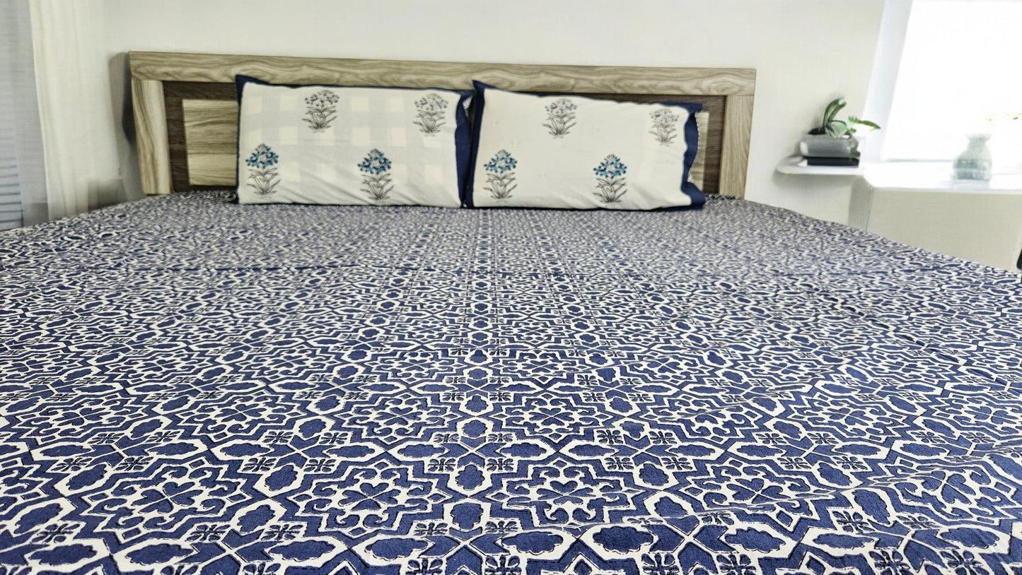Handblock Blue Abstract Double Bedsheet