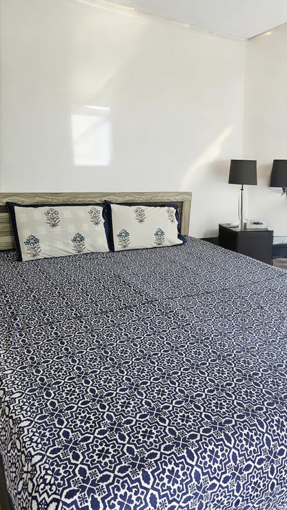 Handblock Blue Abstract Double Bedsheet
