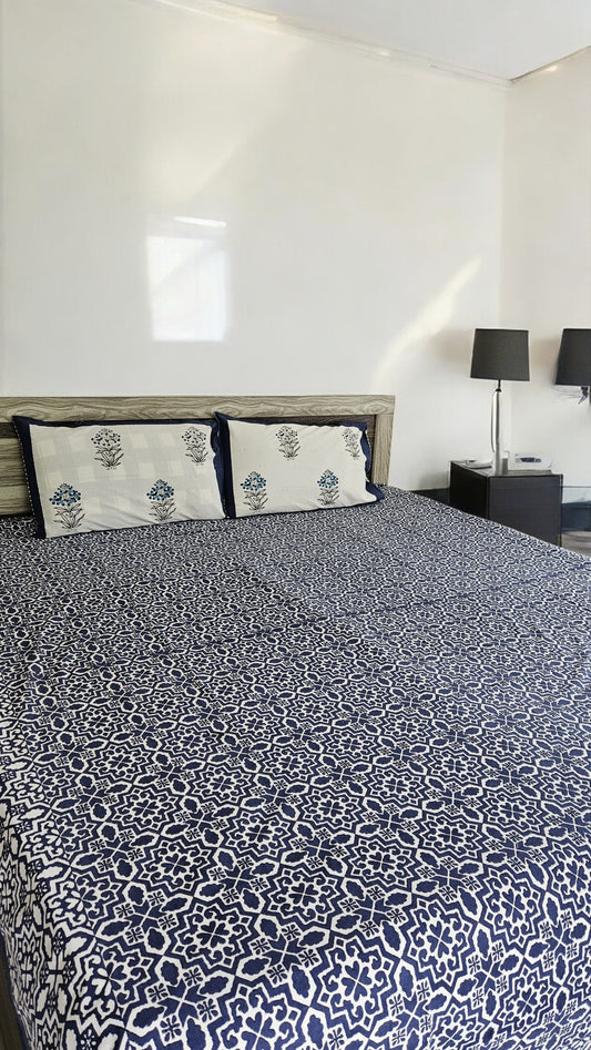 Handblock Blue Abstract Double Bedsheet