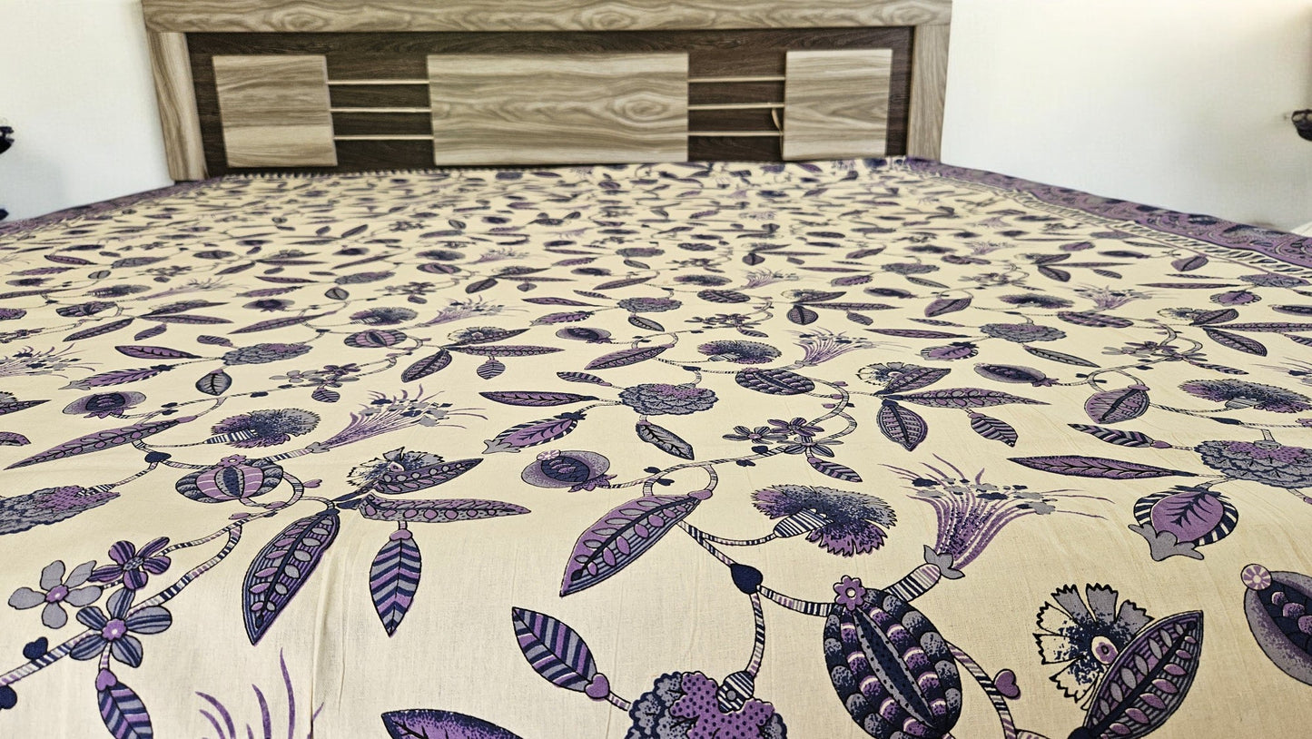Purple Floral Double Bedsheet with 2 Pillow Cover