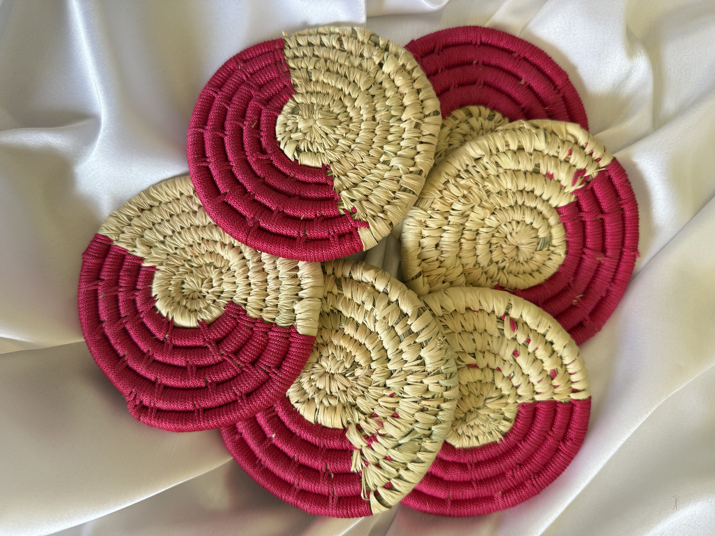 Handcrafted Pink Jute Coasters With Sabai Grass Basket (SET OF 6 COASTERS + 1 BASKET)