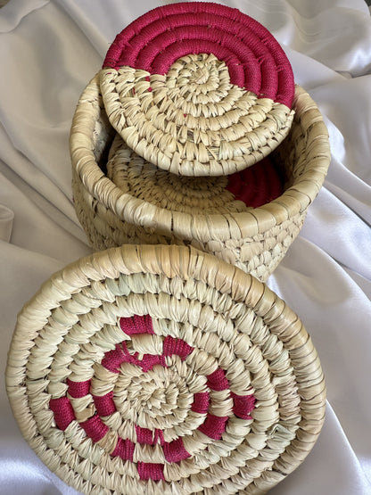Handcrafted Pink Jute Coasters With Sabai Grass Basket (SET OF 6 COASTERS + 1 BASKET)