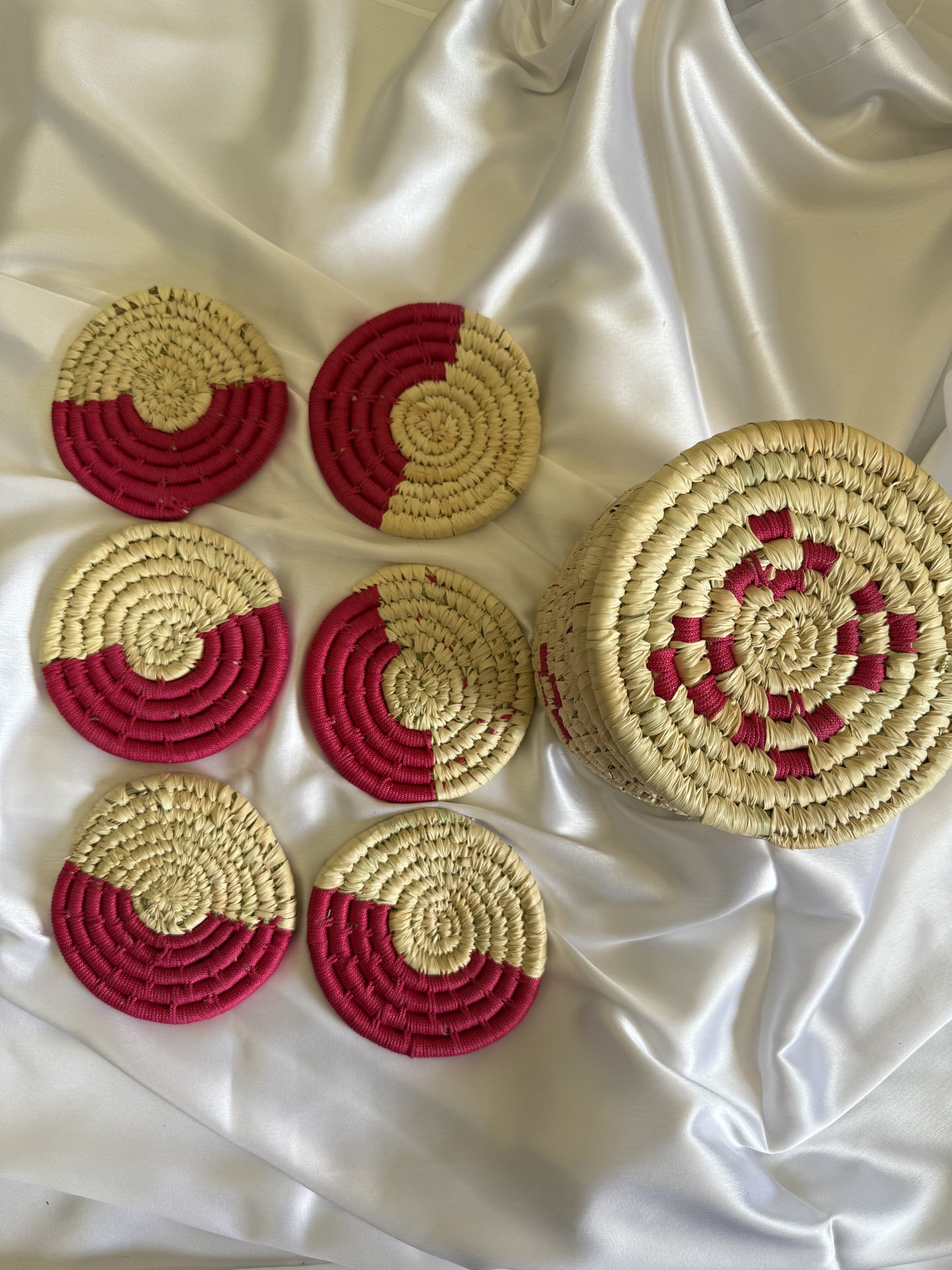 Handcrafted Pink Jute Coasters With Sabai Grass Basket (SET OF 6 COASTERS + 1 BASKET)