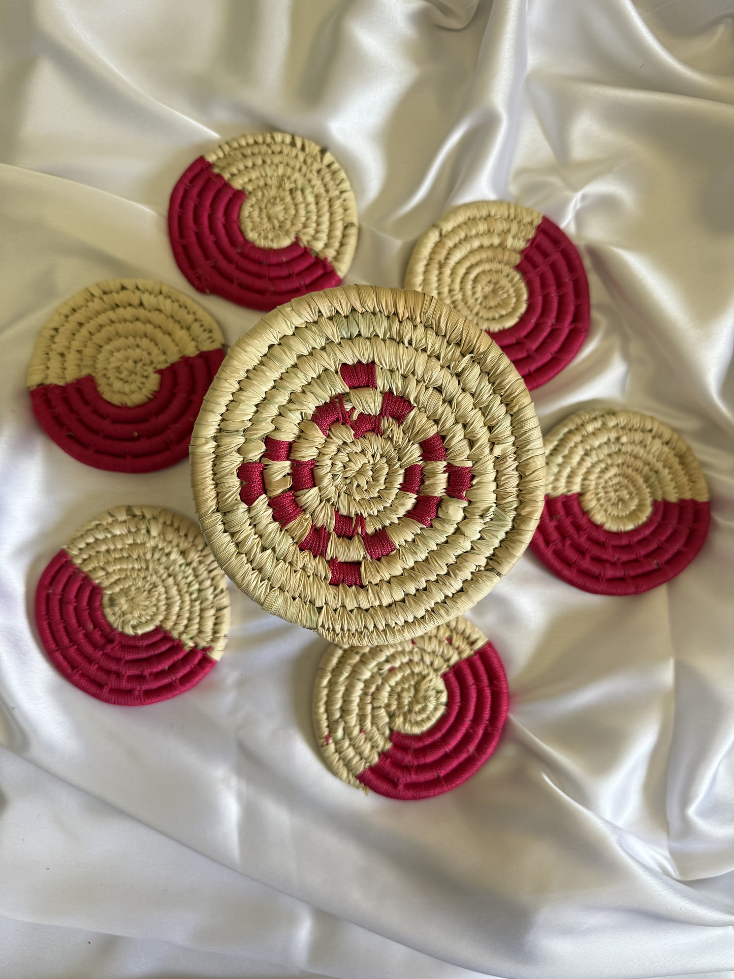 Handcrafted Pink Jute Coasters With Sabai Grass Basket (SET OF 6 COASTERS + 1 BASKET)