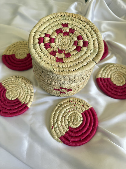Handcrafted Pink Jute Coasters With Sabai Grass Basket (SET OF 6 COASTERS + 1 BASKET)