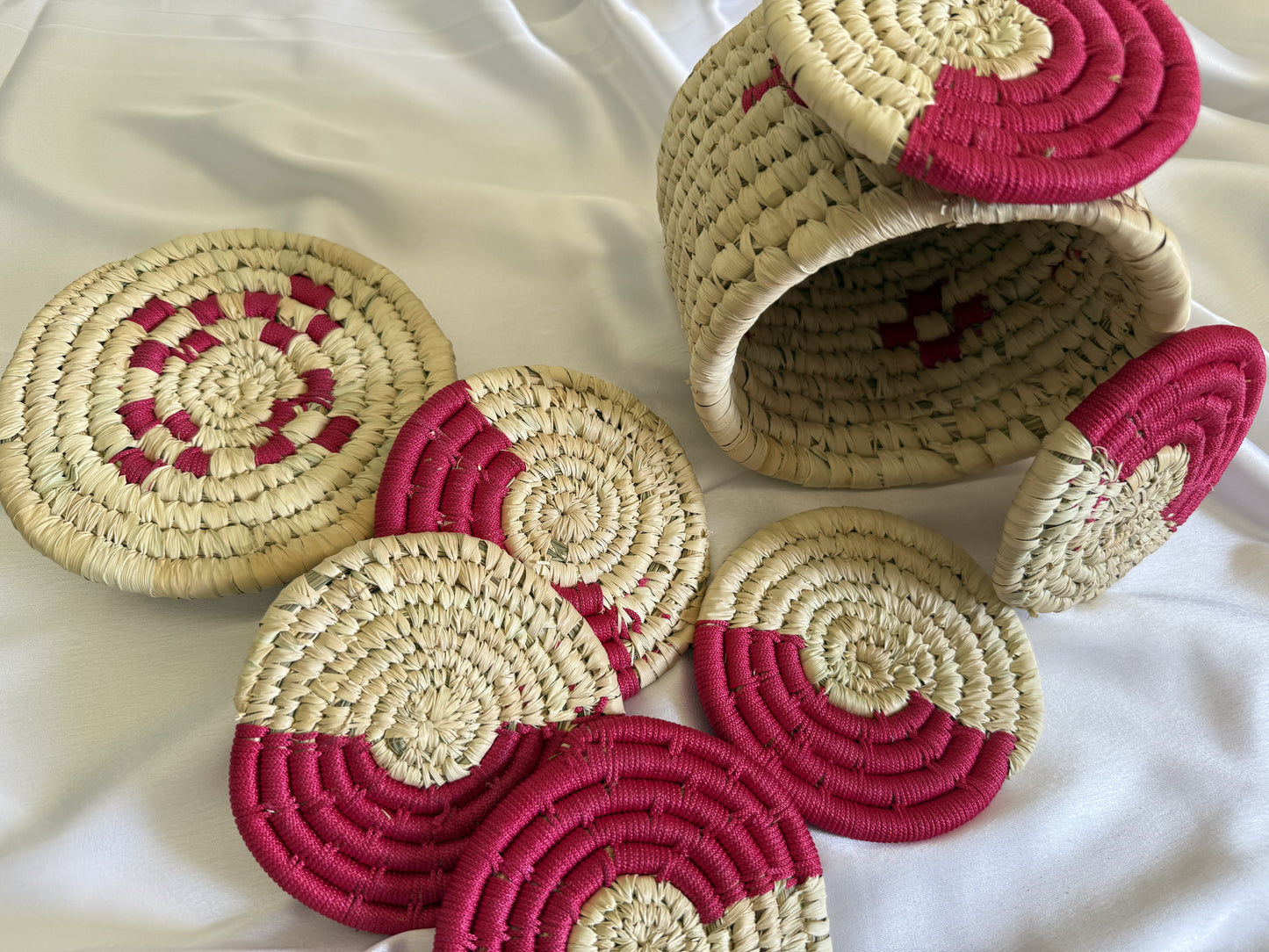 Handcrafted Pink Jute Coasters With Sabai Grass Basket (SET OF 6 COASTERS + 1 BASKET)