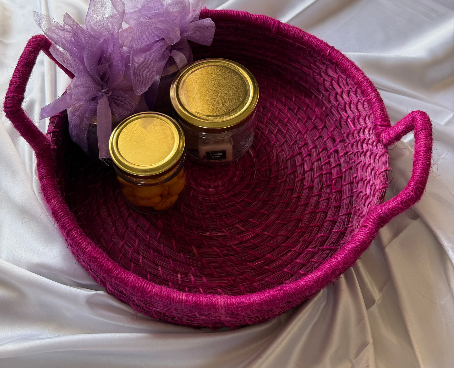Solid Pink Handcrafted sabai Grass Hand woven Organiser with Handle