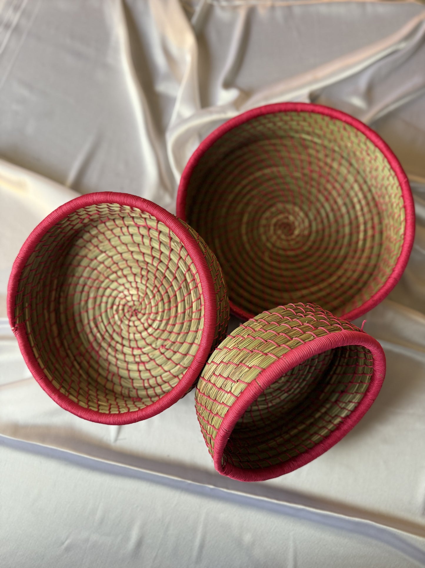 Pink Hand-Crafted Sabai Grass Jute Organiser (Set of 3)