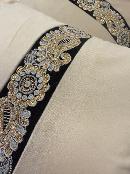 Beige Velvet Black Brocade Cushion Cover – Luxury Decorative Pillow for Elegant Home Décor
