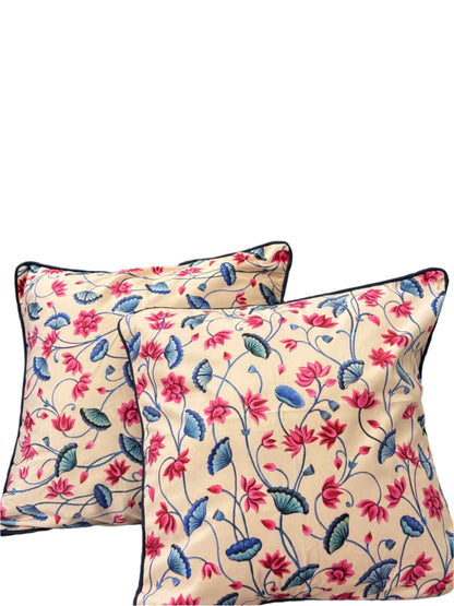 Beige Velvet Cushion Cover with Blue and Pink Design – Elegant Decorative Pillow for Living Room & Bedroom