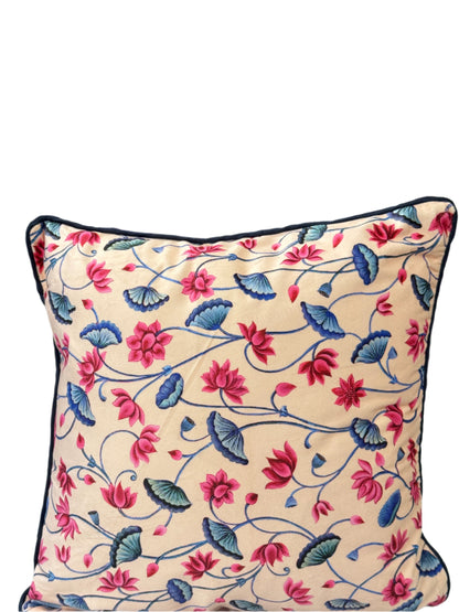 Beige Velvet Cushion Cover with Blue and Pink Design – Elegant Decorative Pillow for Living Room & Bedroom