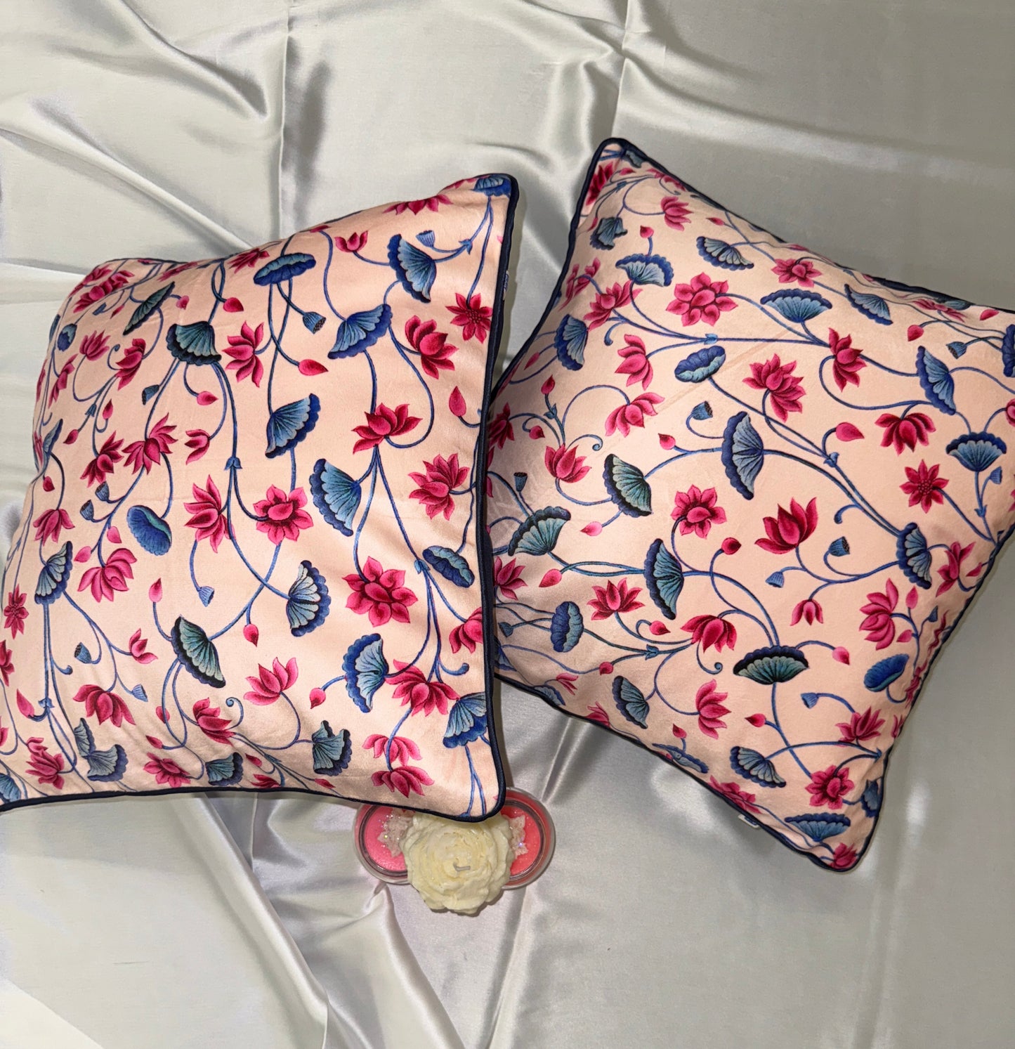 Beige Velvet Cushion Cover with Blue and Pink Design – Elegant Decorative Pillow for Living Room & Bedroom