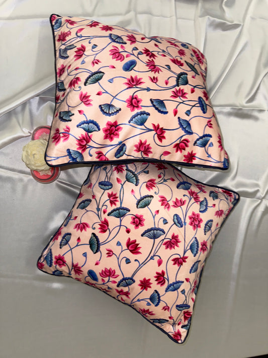 Beige Velvet Cushion Cover with Blue and Pink Design – Elegant Decorative Pillow for Living Room & Bedroom