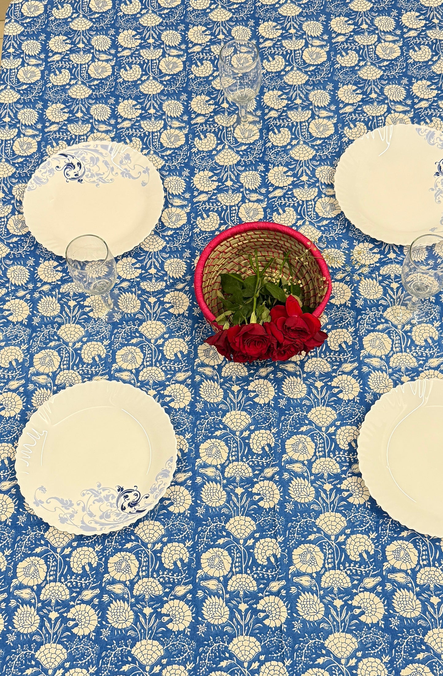 Blue Cotton Handblock Table Cover – 60x90 Inches for 6-Seater Dining Tables
